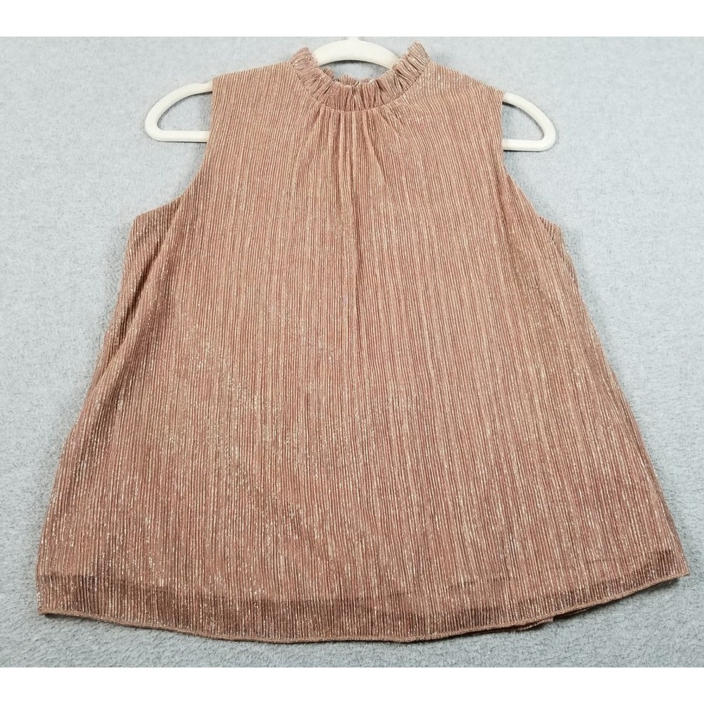 Eri + Ali Blouse Womens XS Pink Gold Metallic Pleated Mock Neck Sleeveless Tank